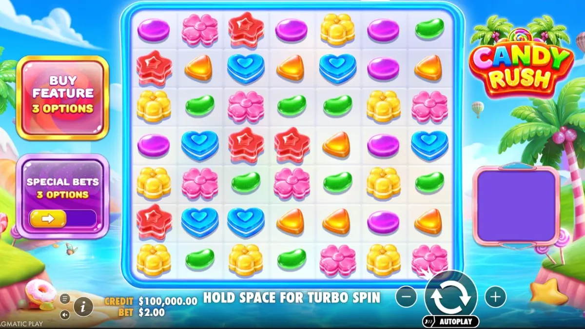 Tampilan visual permainan slot Candy Rush dengan grid 7x7 yang penuh permen warna-warni.