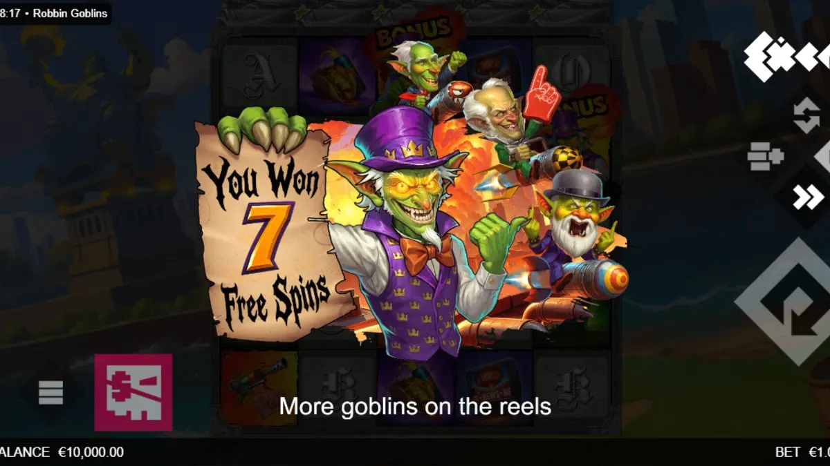 Visual penuh ledakan dan karakter goblin nakal dalam slot Robbin’ Goblins