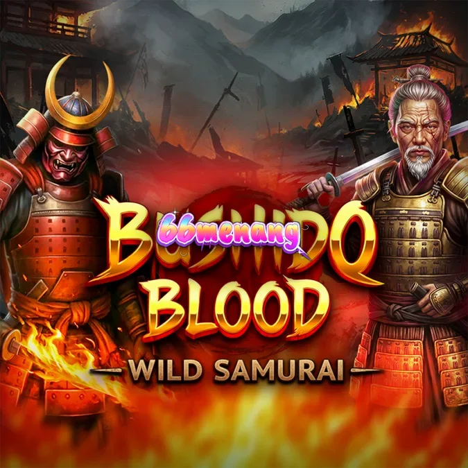 Tampilan visual slot bertema samurai Bushido Blood dengan latar belakang pegunungan Jepang.